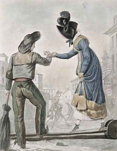 A woman paying a street sweeper to cross a gangplank over a dirty street