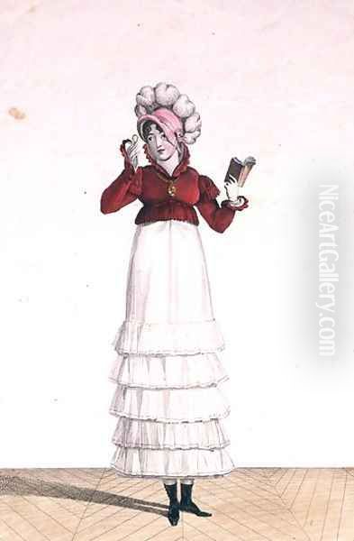 A Lady in a Levantine hat, a tiered skirt and a velvet jacket, plate 6 from the Incroyable et merveilleuse series of fashion plates, engraved by Georges Jacques Gatine 1773-1831 published 1797 in Paris - view 1