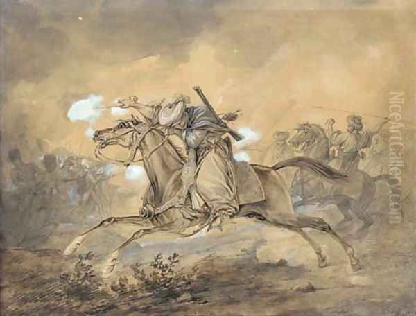 An Egyptian horseman blowing up a gun, the French infantry fighting the Egyptians in the background - view 1