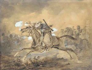 An Egyptian horseman blowing up a gun, the French infantry fighting the Egyptians in the background by Carle Vernet