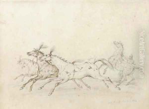 Three circus horses at the gallop, a fourth restrained by a groom Three circus horses at the gallop, a fourth restrained by a groom