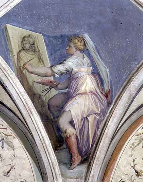 Seated woman painting a portrait of a man, possibly the artist, from the Camera della Fama e delle Arti (Hall of Fame and of the Arts) 1542 - view 1