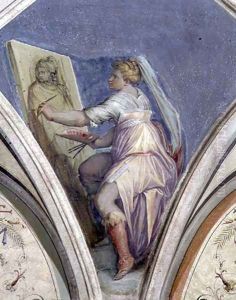 Seated woman painting a portrait of a man, possibly the artist, from the Camera della Fama e delle Arti (Hall of Fame and of the Arts) 1542 by Giorgio Vasari