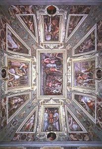 The ceiling of the Sala di Cosimo Il Vecchio showing Cosimo de' Medici (1389-1464) returning from exile in 1434, c.1560 by Giorgio Vasari