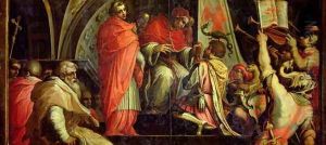 Clement IV (1265-68) delivering arms to the leaders of the Guelph party from the ceiling of the Salone dei Cinquecento, 1565 by Giorgio Vasari