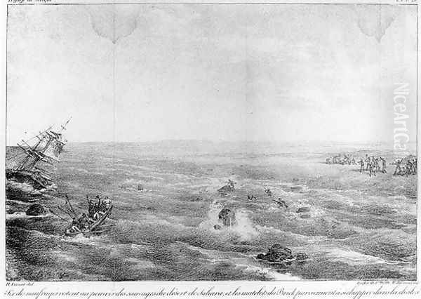 The Sinking of Sophie on the Saharan Coast, frontispiece to 'Naufrage du brick francais La Sophie perdu le 30 mai 1819 sur la cote occidentale dAfrique by Charles Cochelet, engraved by Motte, published 1821 - view 1