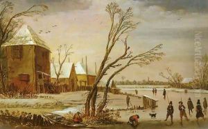 A Winter Landscape With Skaters On A Frozen River