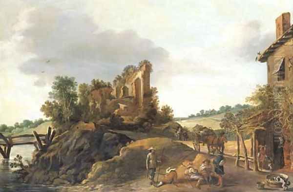 An extensive landscape with soldiers resting by a tavern, a horse and cart and other figures on a road and a ruin on a hilltop beyond - view 1
