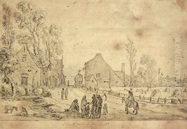 A village scene with harvesters and a horseman on a track, a field with hay stooks seen beyond - view 1