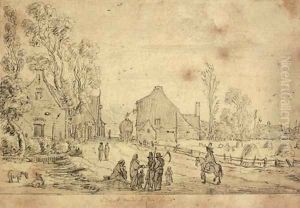 A village scene with harvesters and a horseman on a track, a field with hay stooks seen beyond by Esaias Van De Velde