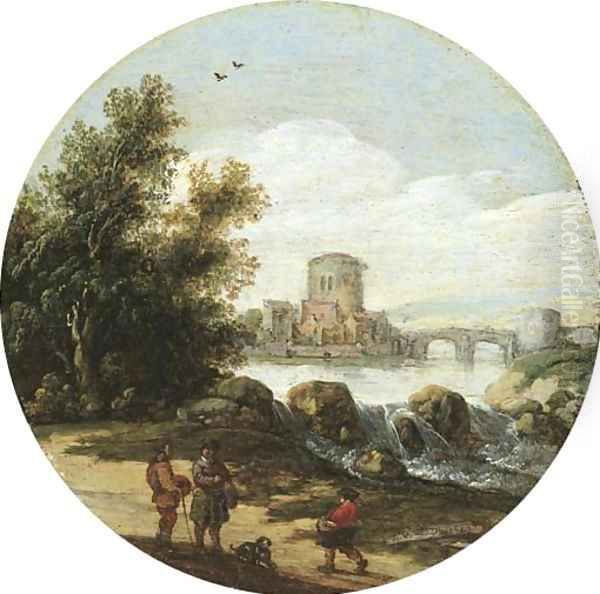 A river landscape with travellers on a path near a waterfall, a small village beyond - view 1