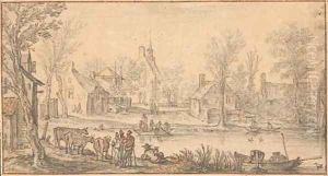 A village on a river, figures in the foreground by Esaias Van De Velde