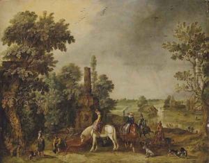 An extensive landscape with a hunting party halting by a classical fountain