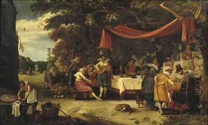 An elegant company in a garden by Esaias Van De Velde