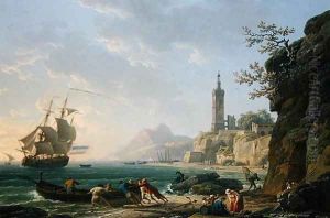 A Coastal Mediterranean Landscape with a Dutch Merchantman in a Bay, 1769 by Claude-joseph Vernet