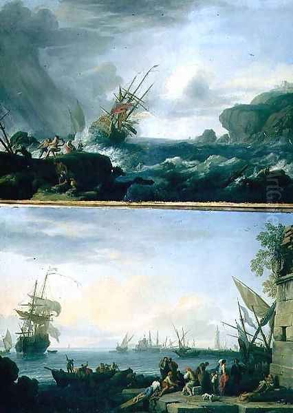 A Mediterranean sea port with figures and shipping - view 1