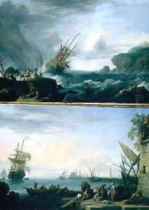 A Mediterranean sea port with figures and shipping by Claude-joseph Vernet