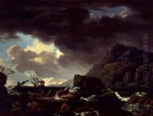 A Mediterranean coastal scene with ships foundering and castaways