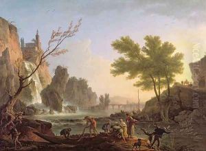 Fisherman in Landscape with cascade and bridge