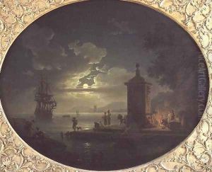 Night A Moonlit coastal landscape with Fisherfolk by a fire on a Quay, a Man of War beyond by Claude-joseph Vernet