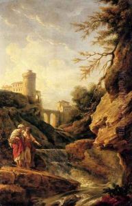 Two female peasants by a waterfall, a town and aqueduct beyond