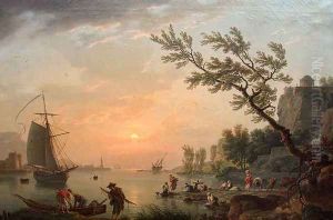 Sea port in a warm evening with the lighthouse
