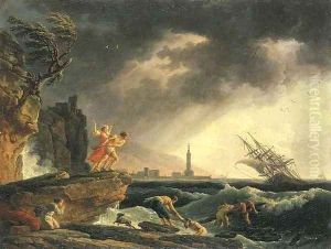 A stormy coastal seascape with survivors from a shipwreck on a rocky outcrop by Claude-joseph Vernet