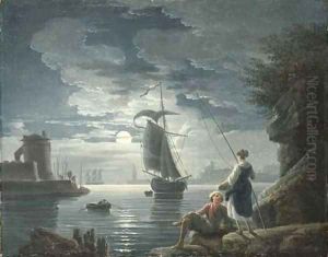 A rocky harbour by moonlight with a peasant couple conversing in the foreground
