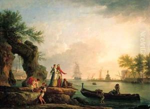A Mediterranean port at sunset with a Levantine couple on an outcrop and fishermen unloading their catch