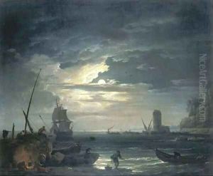 A Mediterranean inlet by moonlight with fisherfolk cooking by a rock, a three-master about to drop anchor and a tower beyond