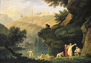 Les Baigneuses A mountainous landscape with bathers at a lake, a man looking on from an outcrop above