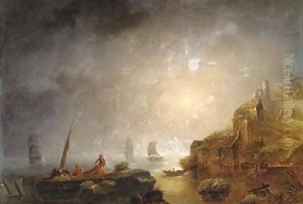 A coastal landscape with figures on a rocky outcrop - view 1