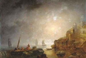 A coastal landscape with figures on a rocky outcrop