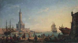 A Mediterranean harbour at sunset with fisherfolk and merchants on a quay, a lighthouse beyond