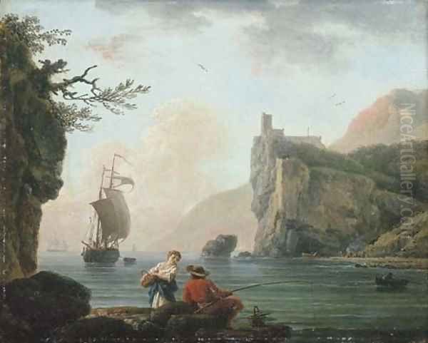 A rocky coastal landscape with a fisherman talking to a peasant girl - view 1