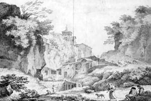 Peasants by a rocky gorge below an Italian hill town by Claude-joseph Vernet