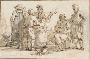 A group of men talking around a barrel, one smoking by Claude-joseph Vernet