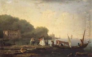 A Mediterranean coastal landscape with elegant company disembarking from an Italian Gondola by Claude-joseph Vernet