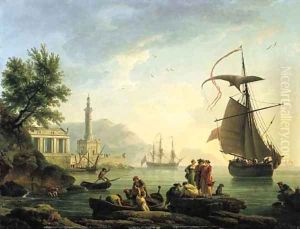 A Mediterranean harbour at sunset with fisherfolk on a quay