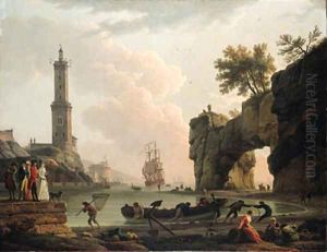 A Mediterranean harbour at sunset, with the artist, his daughter Emilie Chalgrin, his son Carle Vernet, his daughter-in-law, Fanny Moreau by Claude-joseph Vernet