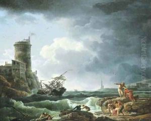 A storm with a shipwreck by a fortress, a castaway in the foreground