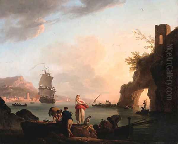 La Peche heureuse A Mediterranean coast at sunset with fisherfolk unloading a catch near a natural arch, a frigate offshore, and a city beyond - view 1