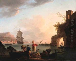 La Peche heureuse A Mediterranean coast at sunset with fisherfolk unloading a catch near a natural arch, a frigate offshore, and a city beyond by Claude-joseph Vernet