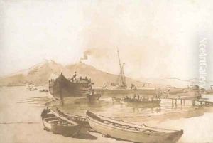 The Bay of Naples with boats in the foreground, Vesuvius beyond by Claude-joseph Vernet