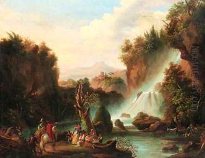 Travellers before the falls of Tivoli with the Temple of Vesta beyond by Claude-joseph Vernet