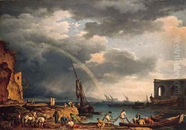 L'Arc en Ciel an Italianate coastal view with a rainbow, fishermen and peasants at an inlet in the foreground, a shipwright's yard beyond - view 1
