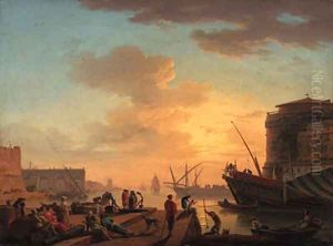 Le Soir A Mediterranean harbour at sunset with fisherfolk and merchants on a quay