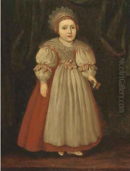 Portrait of Isabella Buxton as a young girl, full-length, in a red dress with a lace collar, holding cherries - view 1