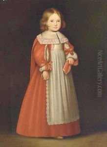 Portrait of a young girl, standing full-length, in a red and white dress by Cornelis De Vos