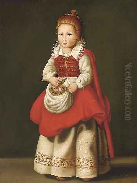 Portrait of a young girl, standing full-length, with flowers in her apron - view 1